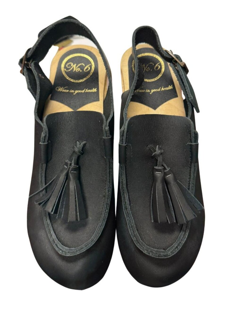 No. 6 Crowley Tassel Slingback Clogs in Black Leather Size 36